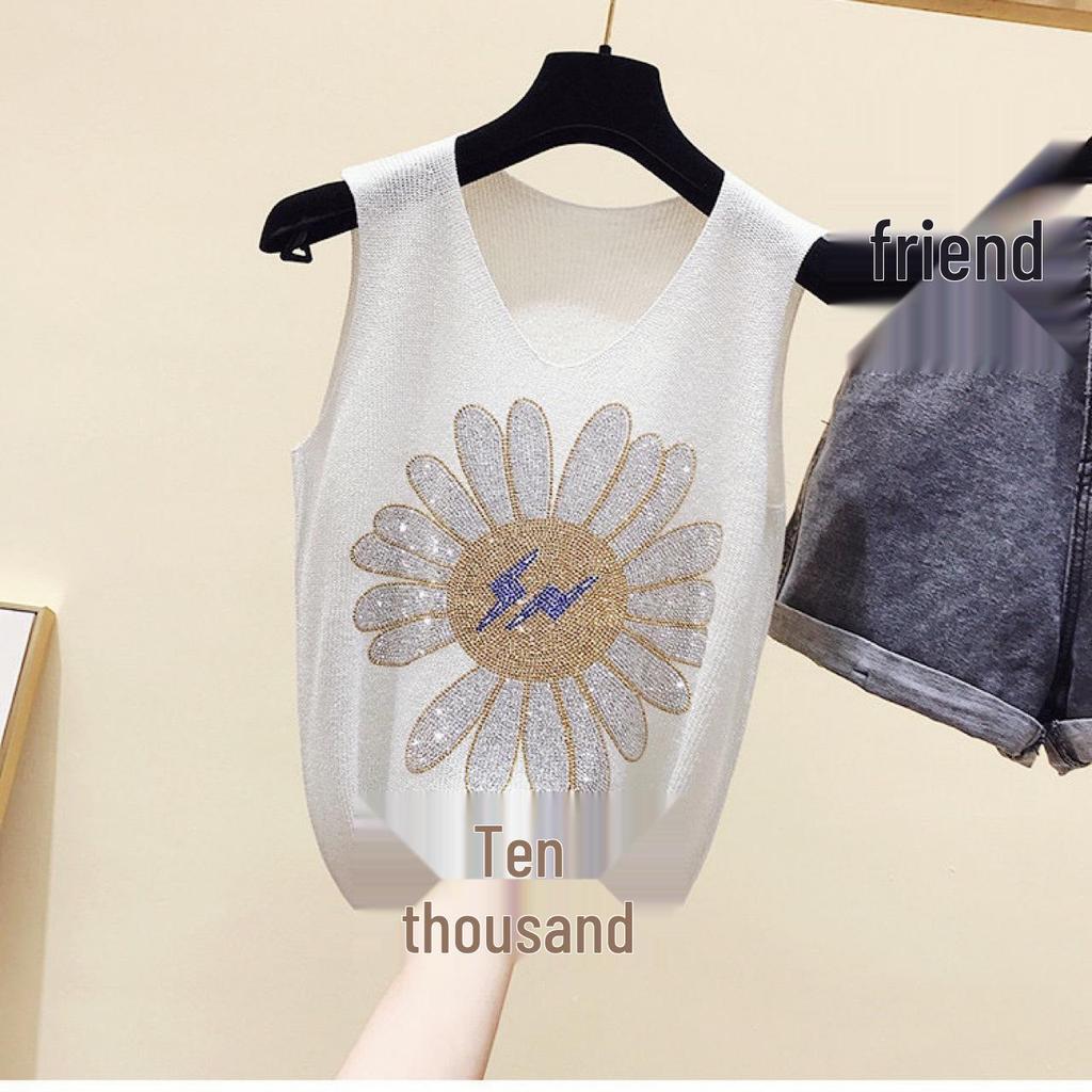 2023 Shiny Silk Sleeveless V-Neck Women's Vest - Spring/Summer New Style, Loose Fit with Hot Diamond Sling Knitted Design