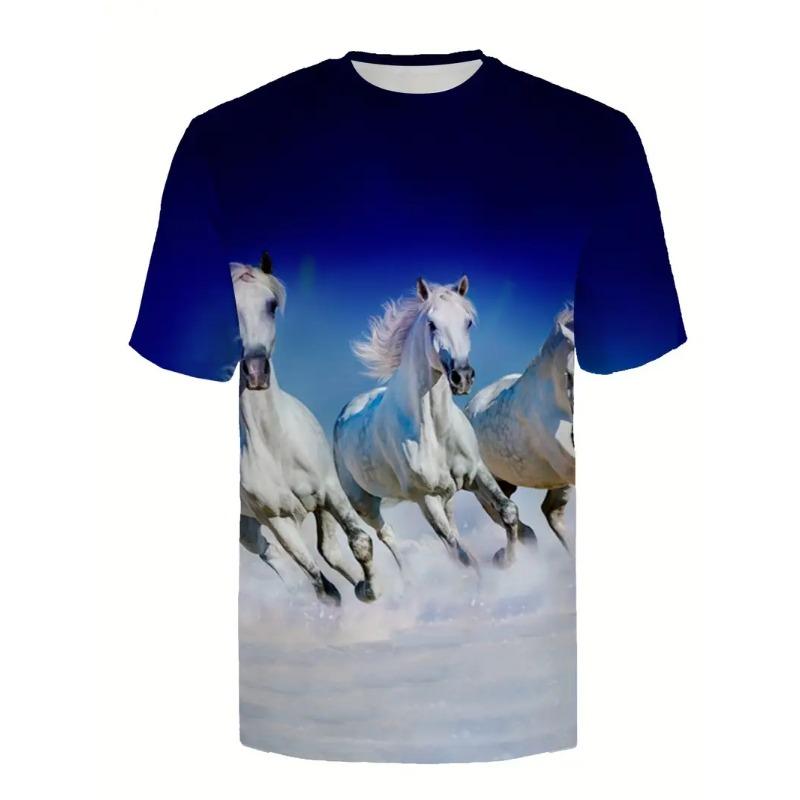 Men's 3D Printed White Horse Pattern T-shirt Humorous Digital Printed Short Sleeved T-shirt Breathable Polyester Round Neck Casual