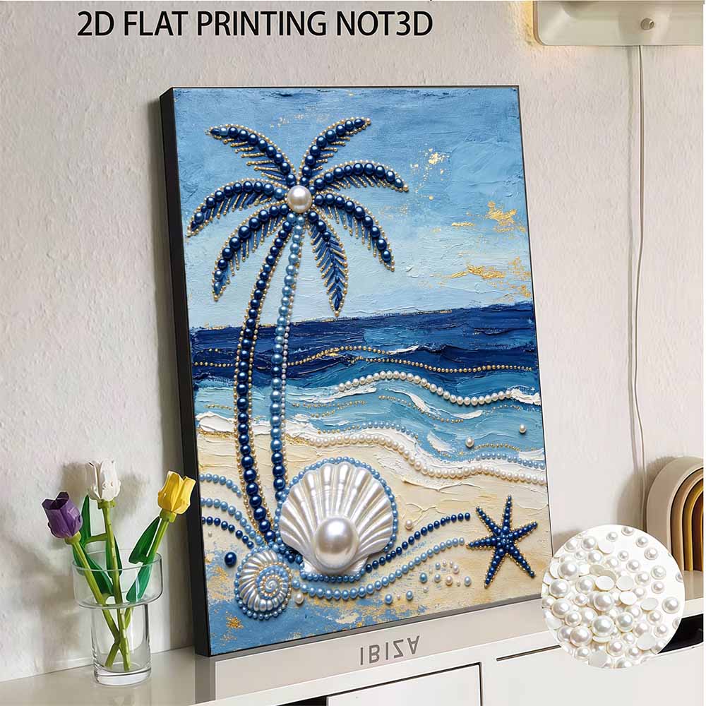 Frameless Pearl Painting DIY Kit Ocean Beach Palm Tree Seashell Starfish 3D Sparkling Bead Canvas Relaxing Creative Craft for Art Lovers