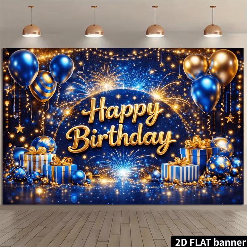 

2D Boys Blue Gold Birthday Background with Fireworks & Balloons for Party 47.2x31.5inch/120*80cm