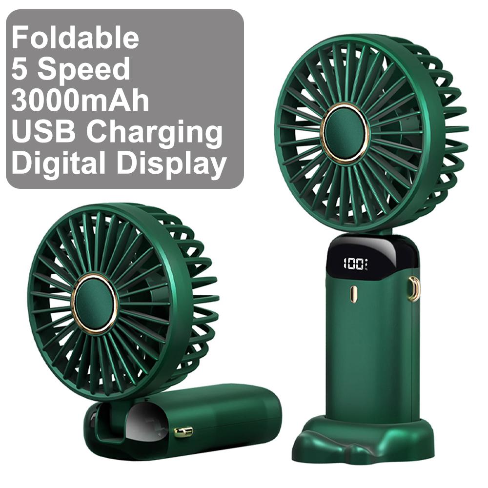 Handheld Mini Fan Foldable Portable Neck Hanging Fans 3000mAh 5 Speed USB Rechargeable Fan with Phone Stand and Display Screen
