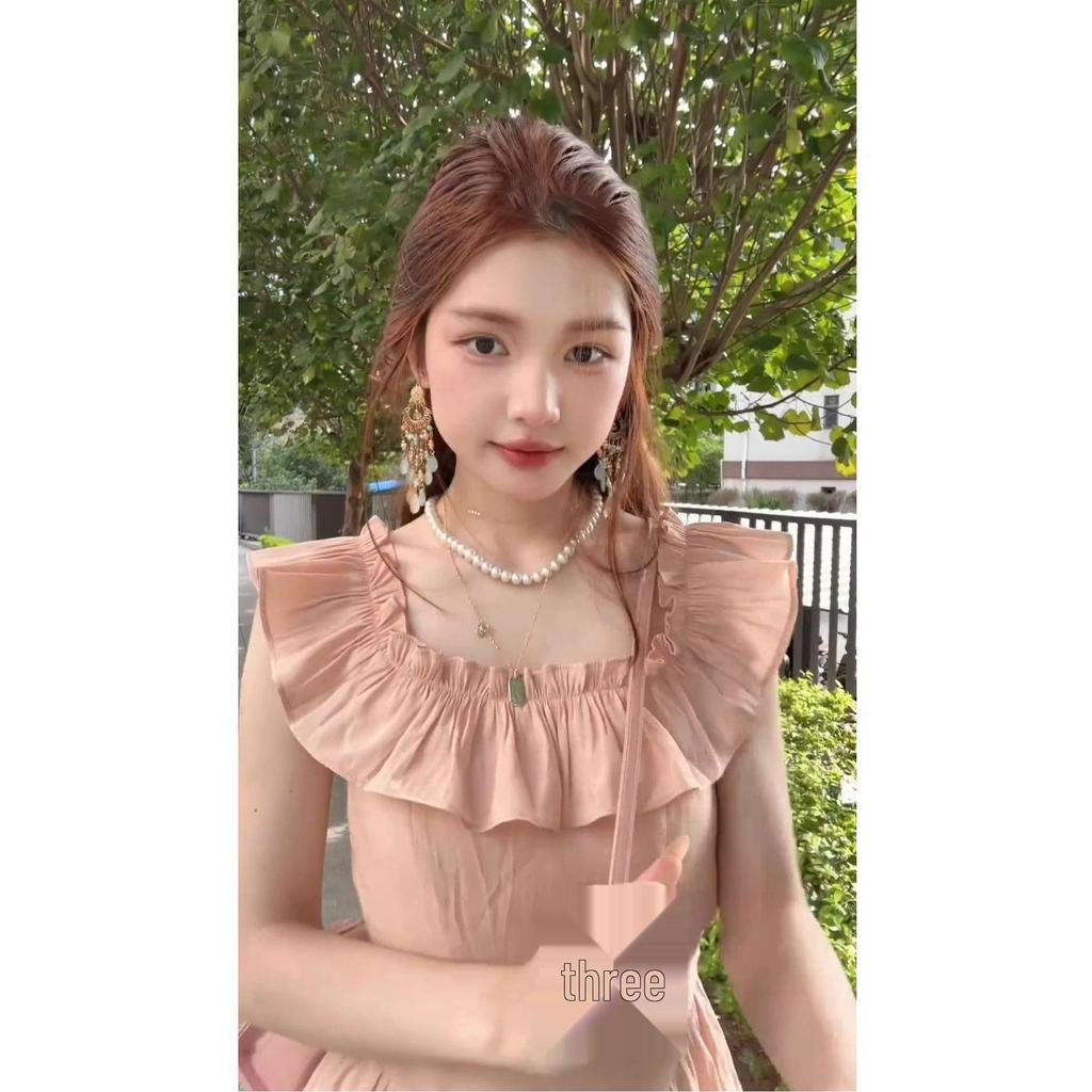 French Ruffle Flutter Sleeve Chiffon Dress - Korean Style Square Neck in Pink for Spring/Summer