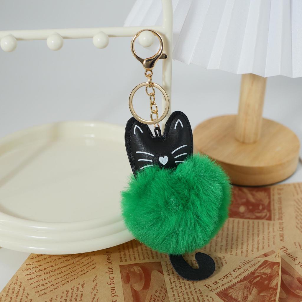 Adorable Black Cat Keychain with Faux Fur Ball Pendant