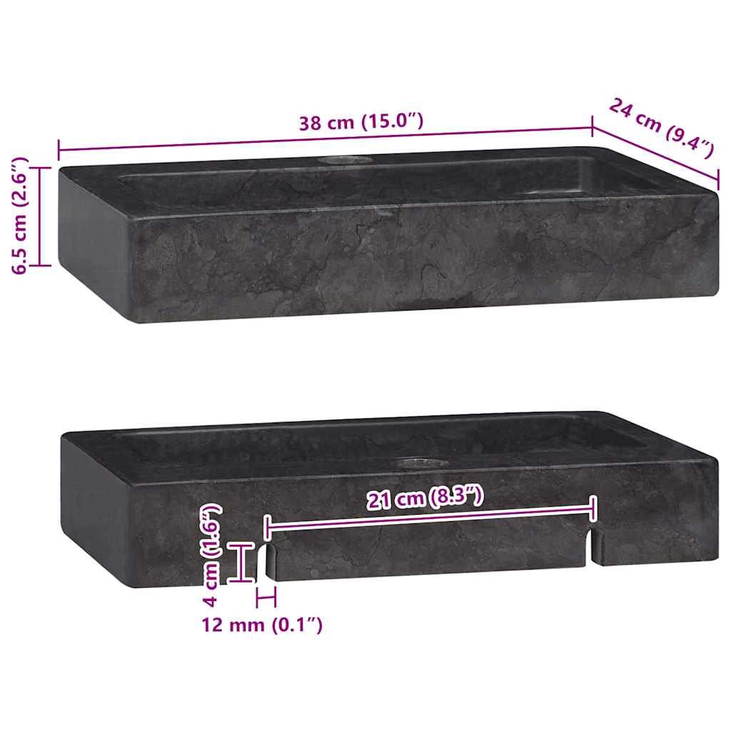 Wall Mounted Wash Basin Black 38 X 24 X 6.5 Cm Marble