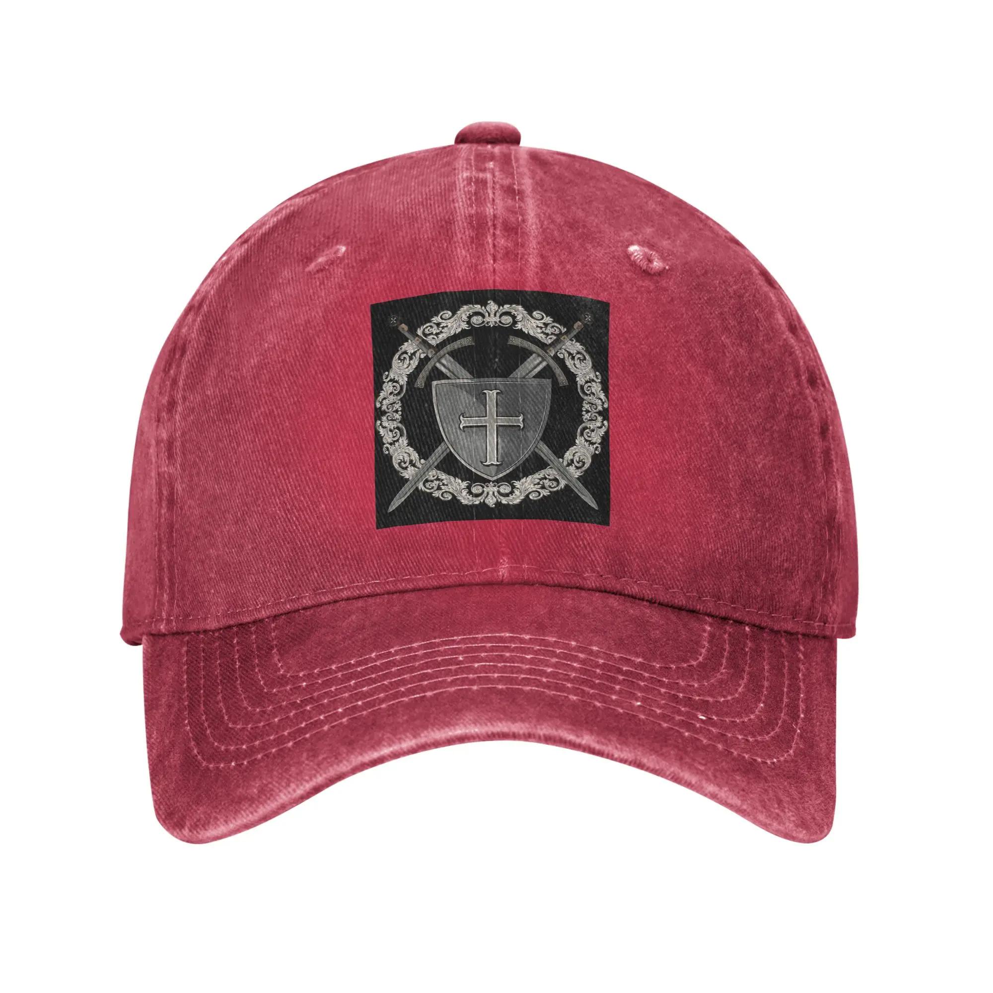 Knights Templar Cross Shield Symbol Medieval Sword Emblem Denim Fabric Cap Baseball Caps Hat Summer Unisex Baseball Hats One Size