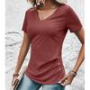 Spring and Summer High-end Slim Fit Solid Color Casual V-neck Short Sleeved Button Top Women's T-shirts