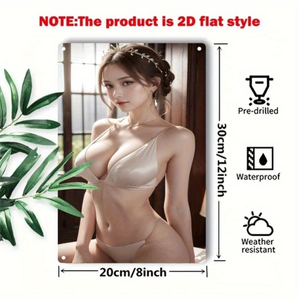 Vintage Metal Wall Art Poster - Beige Women's Lingerie Design - Heavy Duty Iron Plate for Home Bar Cafe Office - Easy Hanging Ch