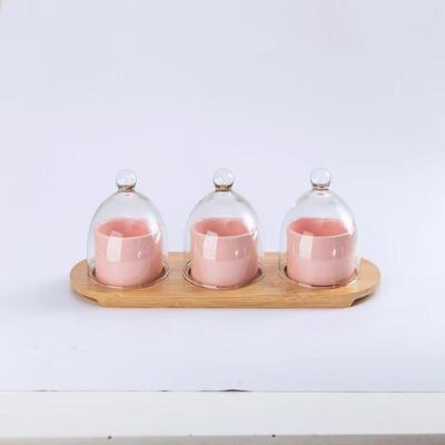 Pink Ceramic Dessert Bowl Set with Glass Lid & Bamboo Tray