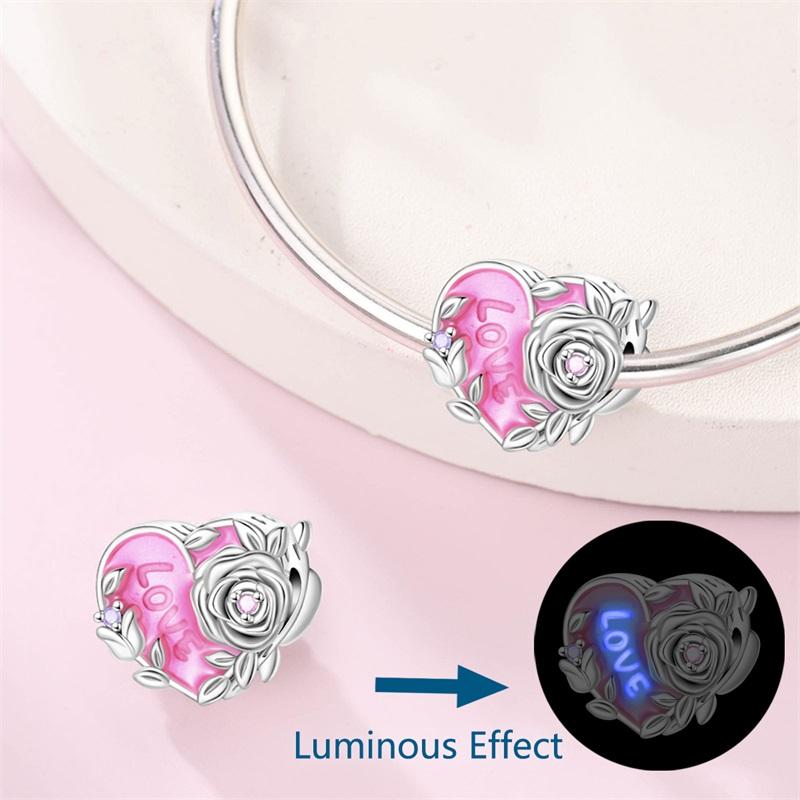Valentine'S Day Luminous Charms Copper Pink Rose Romantic Little Bear Beads Fit Original Bracelets Diy Jewelry Gift