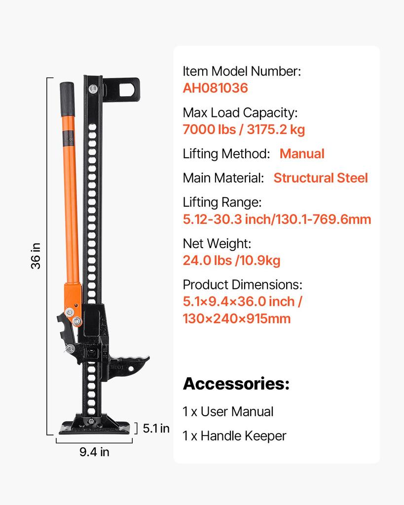 VEVOR Farm Jack, 91.5 Cm Utility High Lift Farm Jack, 3.18 Ton Capacity Ratcheting Off Road Utility Jacks