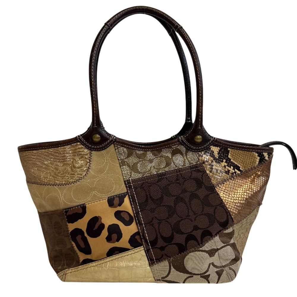 COACH 12899 Patchwork Canvas Python Tote Bag Brown Python Used