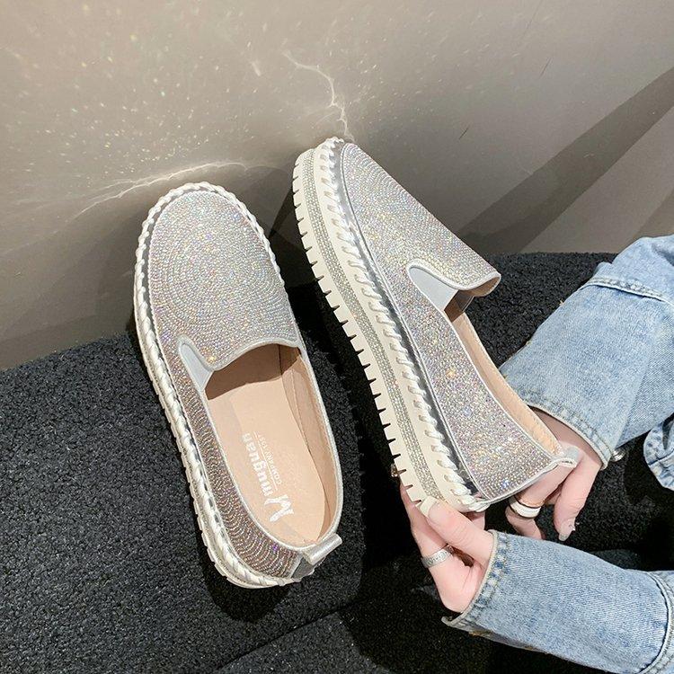 

Мода 2025 Роскошные женские балетки Стразы Блеск Швейная платформа Лоферы Слипоны Швейные Туфли на плоской подошве Модные Повседневные Туфли Женская обувь 36 серебряный