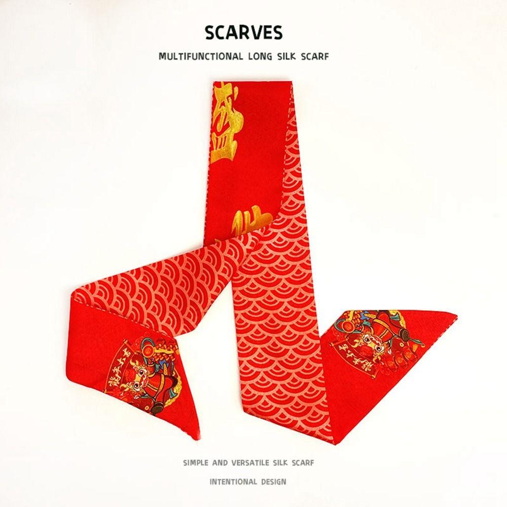 Printed New Year Red Silk Scarf New Year Scarves Scarf Hair Band Long Scarf  New Year Decoration