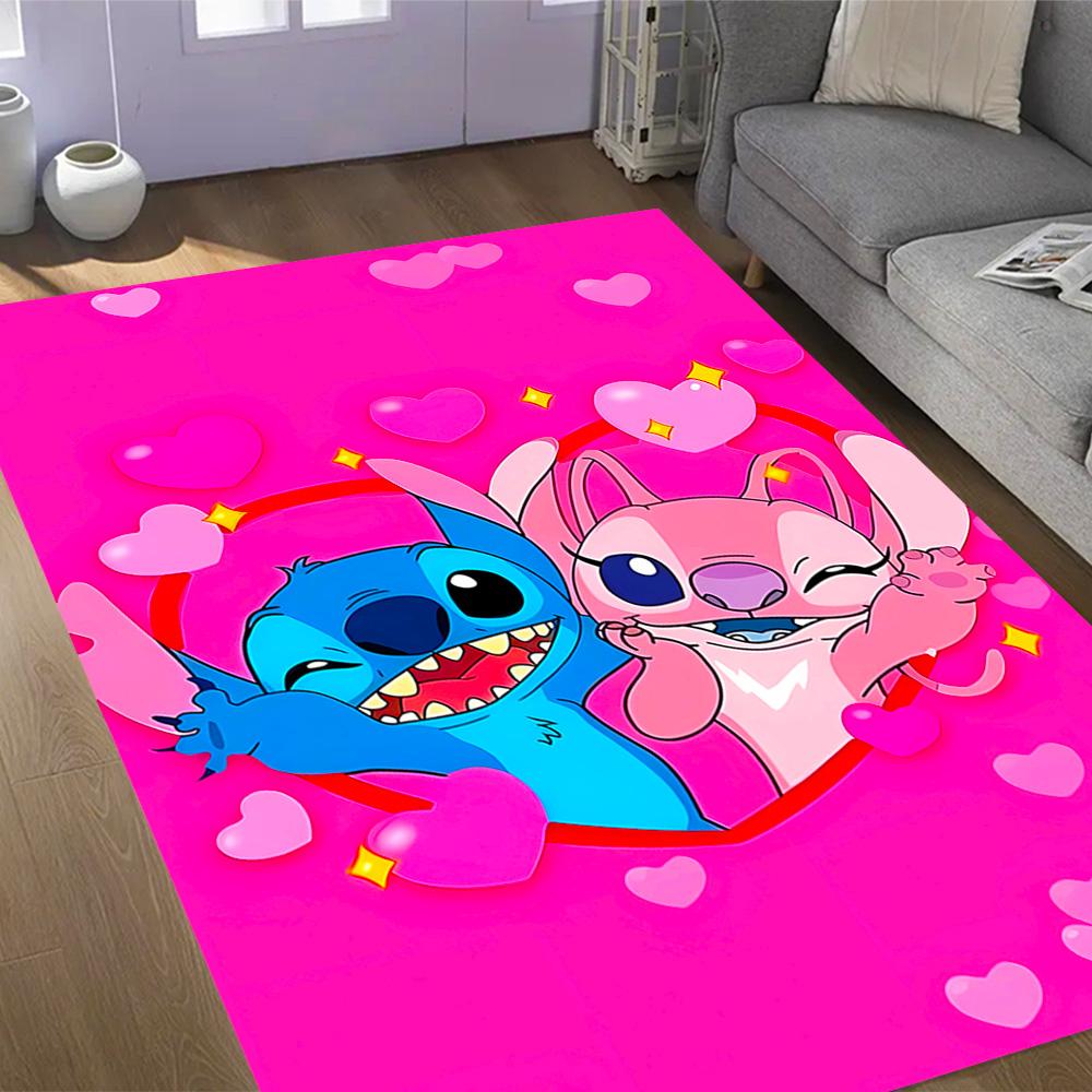 Stitch Adventure In Flowers Disney Cartoon Theme Anti-Slip Rug - Polyester, Home Decor, Suitable for Bedrooms, Living Rooms, Doorways, and Studios