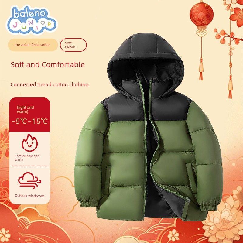 Baleno Boys  Cotton Jacket Winter Style Children s Thickened Warm Hooded Coat for Boys, Older Children s Cotton-Padded Winter Clothing Army Green#Solid Color 120