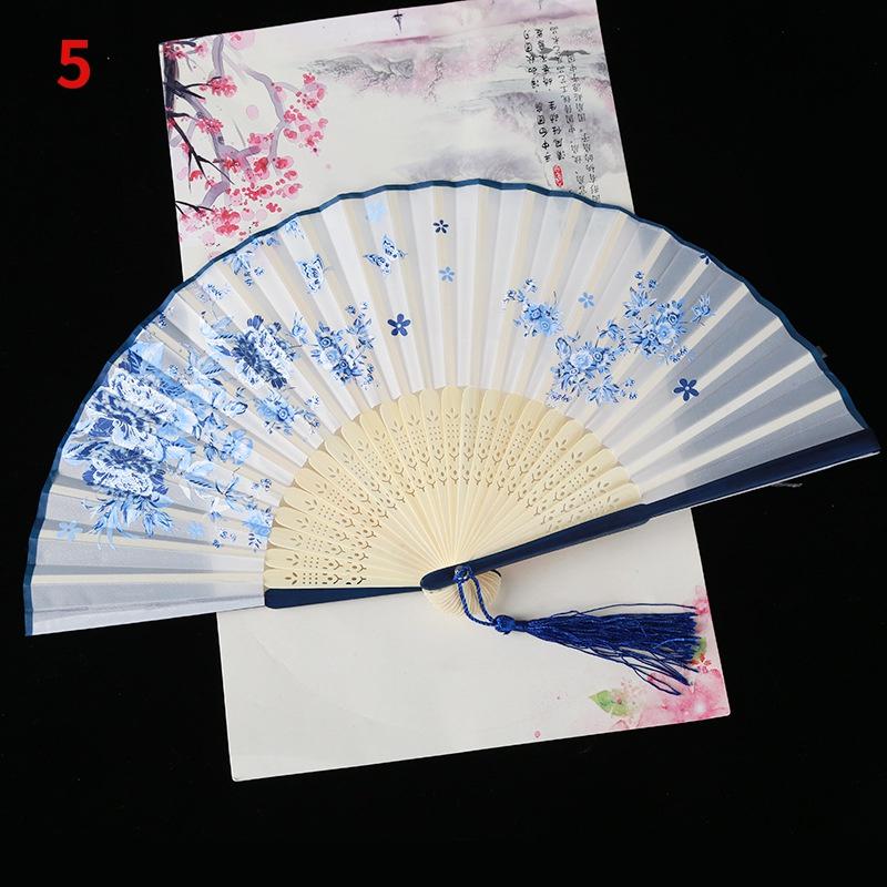 1Pc Vintage Silk Folding Fan Retro Chinese Japanese Bamboo Folding Fan Tassel Dance Hand Fan Home Decoration Ornament Craft Gift