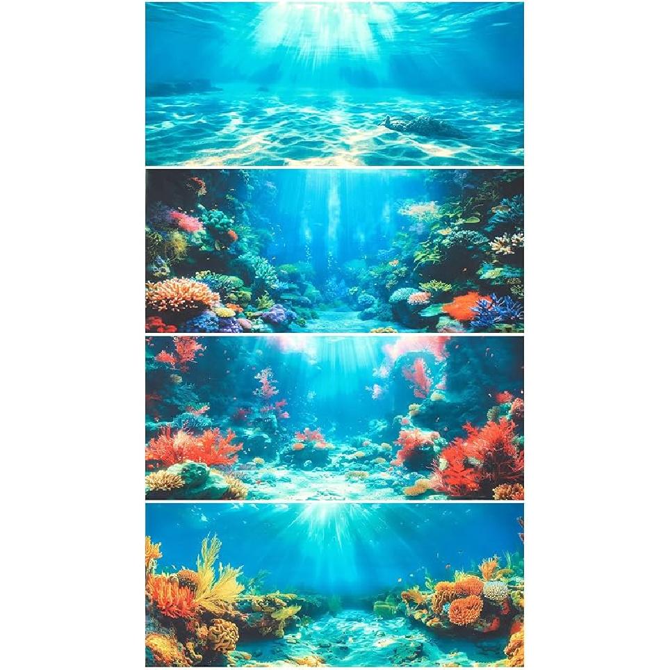 4 Pack Aquarium Background Polyester 30 x 18 Inch Cloth Fish Tank Background Undersea Corals Sunshines Rock Aquatic Plants Wallpaper with