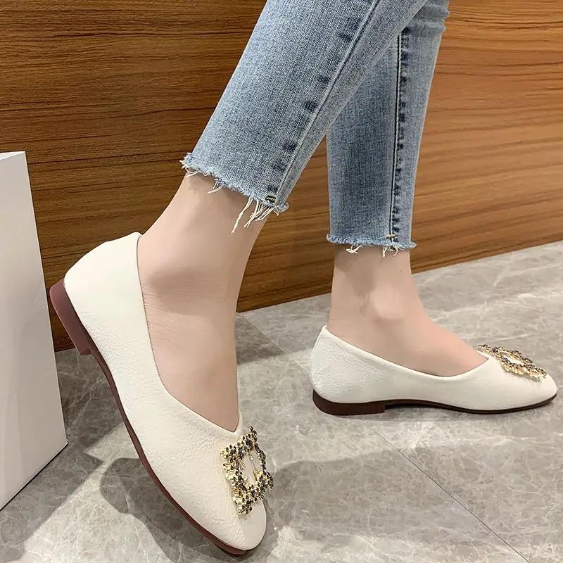 Fashion With Crystals Green Shoes for Women Diamond Square Toe Woman Flats Rhinestone on Promotion Low Price Chic and Elegant Wholesale
