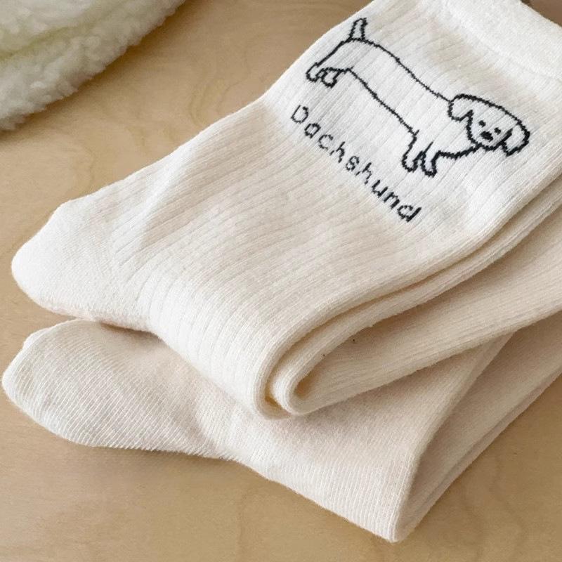 Women's Cute Cartoon Embroidered Puppy Mid-Calf Cotton Socks with Soft Loose Cuff