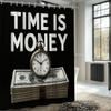 Time Is Money Shower Curtain Black Background Clock Stack Business Motivational Decor Waterproof Free Hooks Included Non-Toxic
