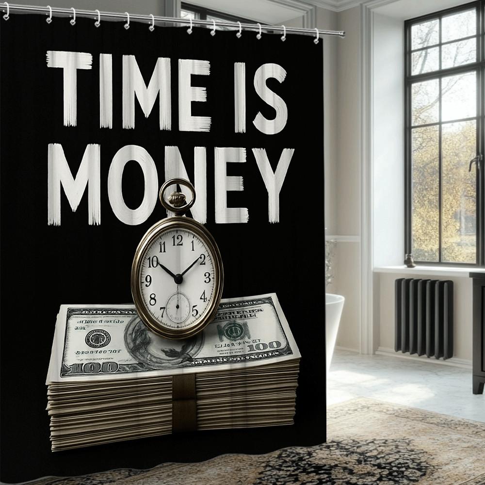 Time Is Money Shower Curtain Black Background Clock Stack Business Motivational Decor Waterproof Free Hooks Included Non-Toxic