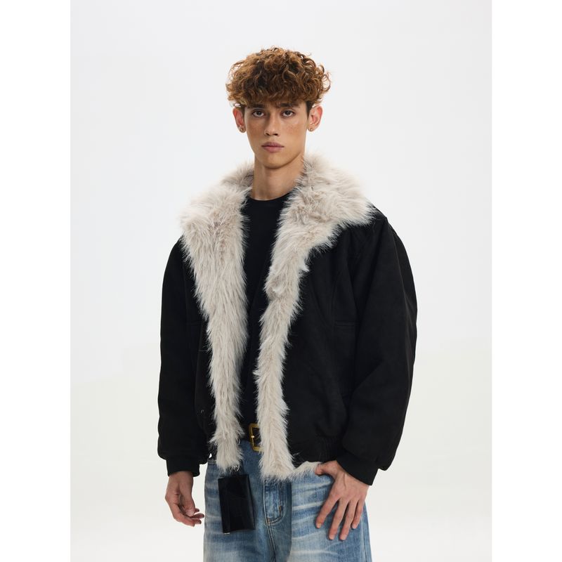 

Cabbage Coke Winter Mountain-Style Padded Jacket for Men, High-End, Cool and Stylish, Suede Fur Coat, Jacket, Couple s Trendy Style Black XL