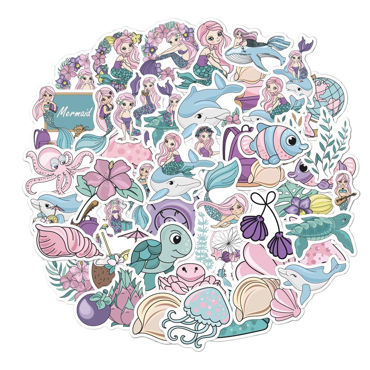 10/50pcs Cute Mermaid Stickers Ocean Animal Graffiti for DIY Luggage Laptop Skateboard Motorcycle Bicycle Stickers random 10pcs
