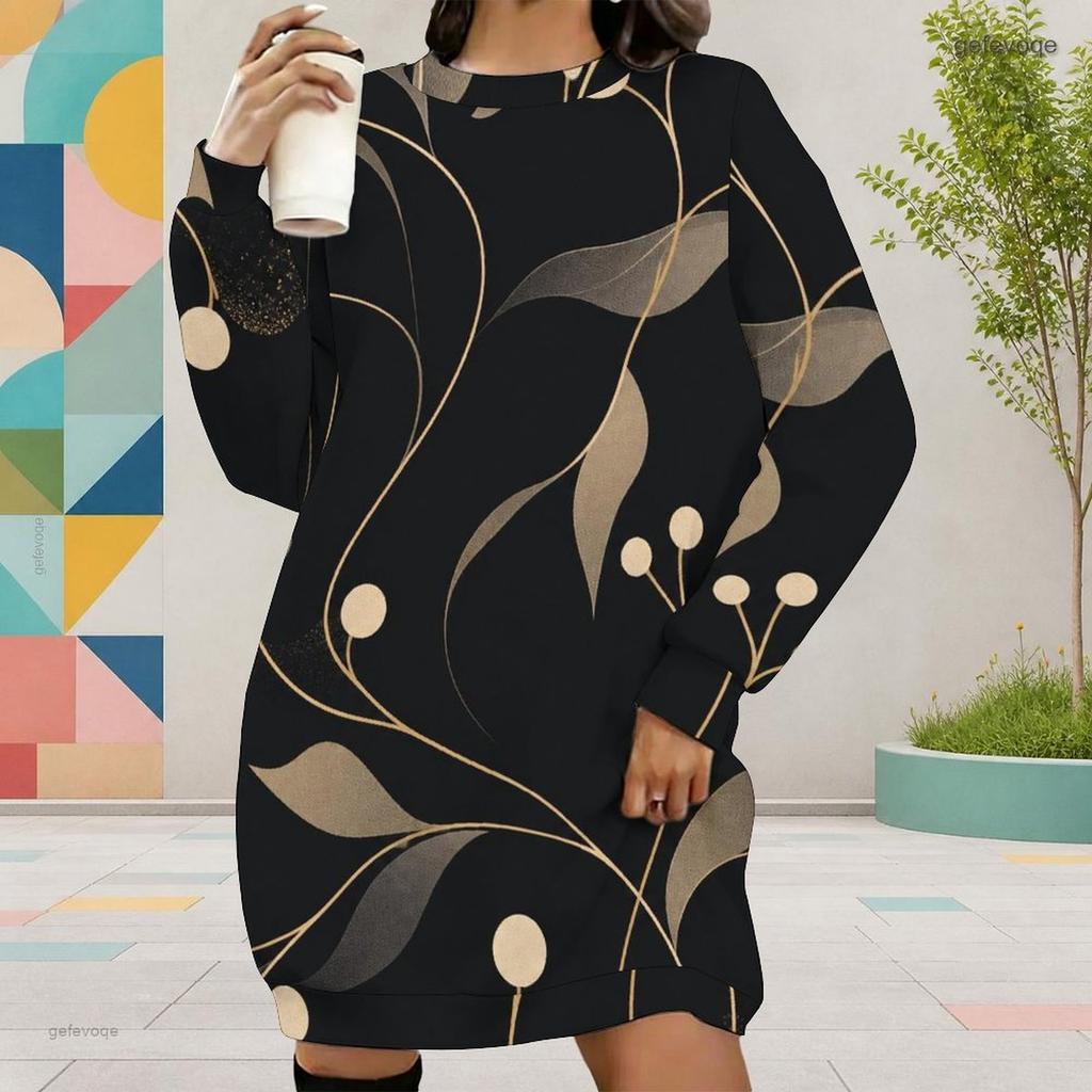 Women Plus Size Round Neck Long Sleeve Printed Black Mini Sweatshirt Dress Ribbed Cuffs