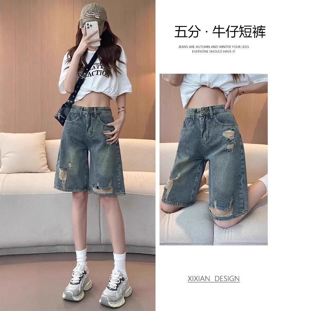 Pantaloncini Bermuda da Donna a Vita Alta Gamba Dritta Larghi Jeans Shorts di Denim Vintage Strappati Distrutti Casual