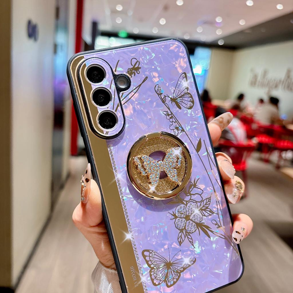 Pro Samsung Galaxy A36 5G Pouzdro Kamínky Dekor Stojánek TPU+PC Motýl Květinový Kryt na Telefon