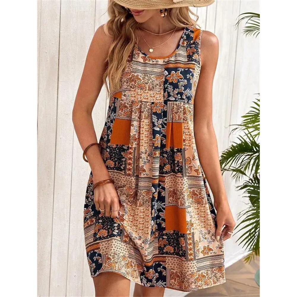 Damen Minikleid ärmellos 3D-Blumendruck Streetwear-Kleid Übergröße Retro Freizeitkleid