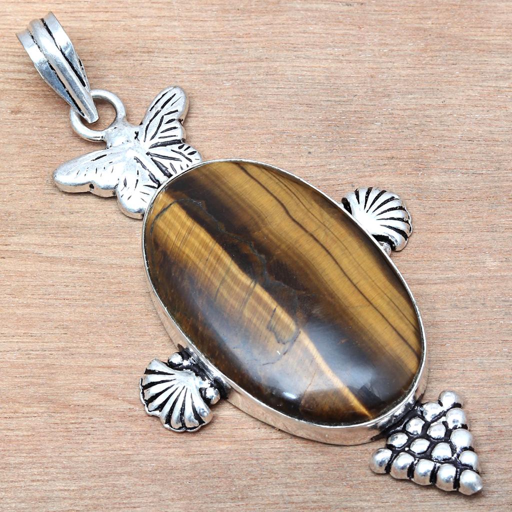 Pendant Tiger's Eye Gemstone Handmade Gift For Her Ethnic Silver Jewelry 3"
