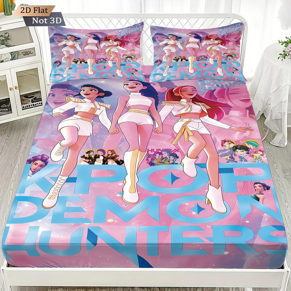 1pc K-Pop Demon Hunters Fitted Sheet Polyester Durablle Machine Washable Bedding Set for Home Bedroom Decoration Birthday Gift