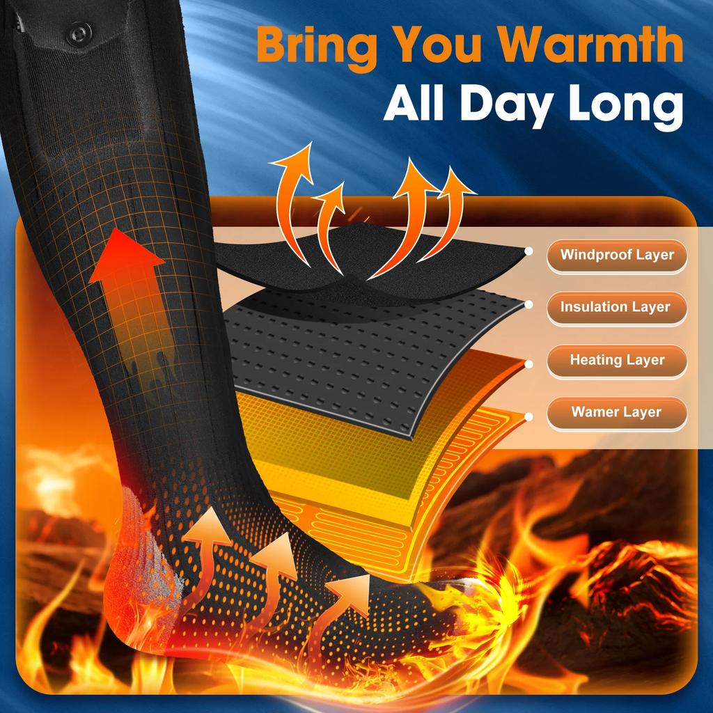 APP Controlled Heated Socks Wireless Heat Unisex Black Pair Rechargeable Adjustable Temperature Smart Long Socks for Outdoor Camping 5000Mah Battery