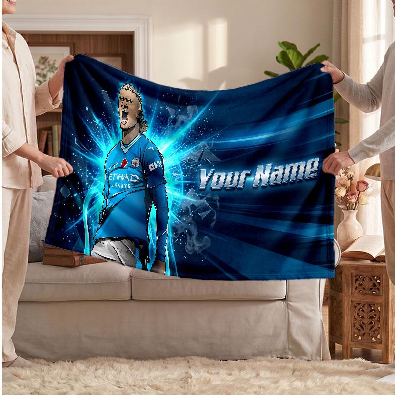 Erling Haaland Personalized Fleece Blanket With Football Logo, Custom Name Text Soft Warm Home Throw Blanket
