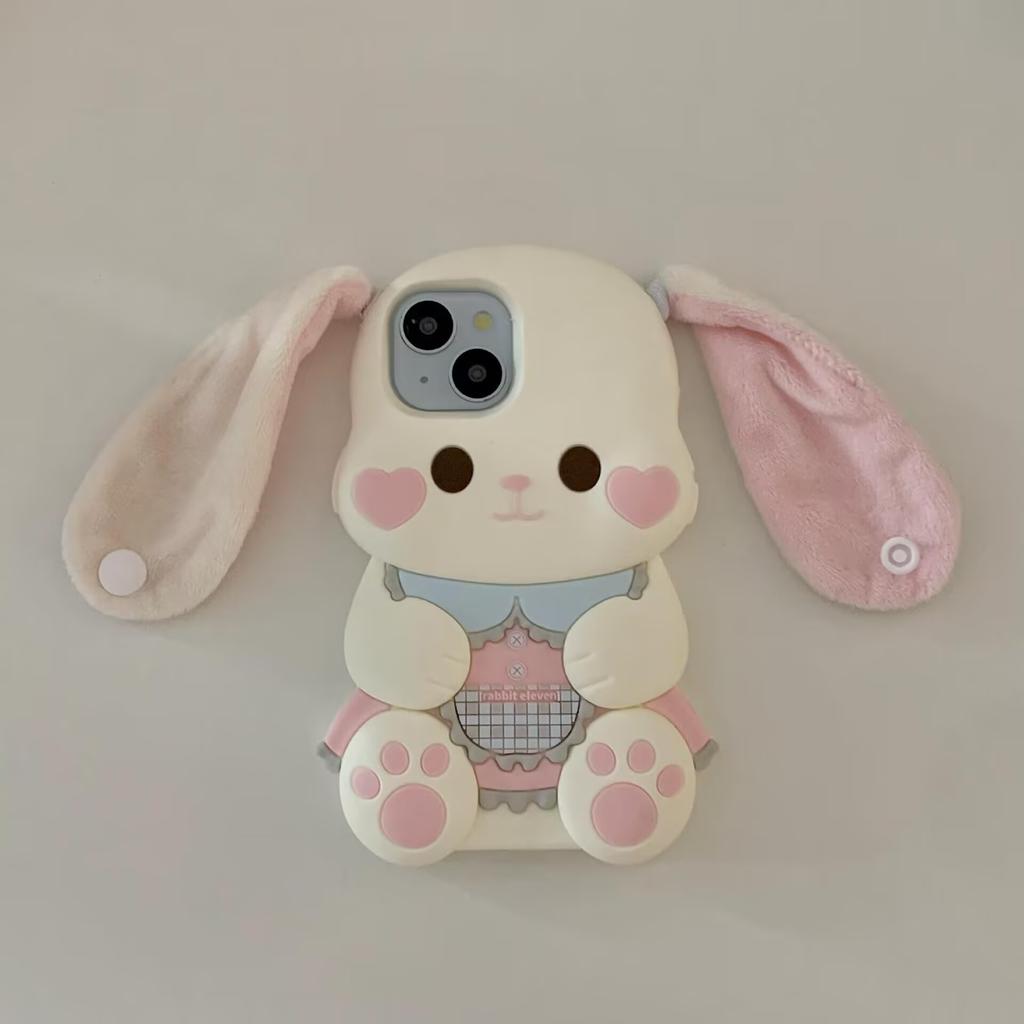 3D Cartoon Plush Long Ears Rabbit Phone Case For IPhone 17 16 15 14 13 Pro Max 14 15 Plus Soft Silicone Back Cover