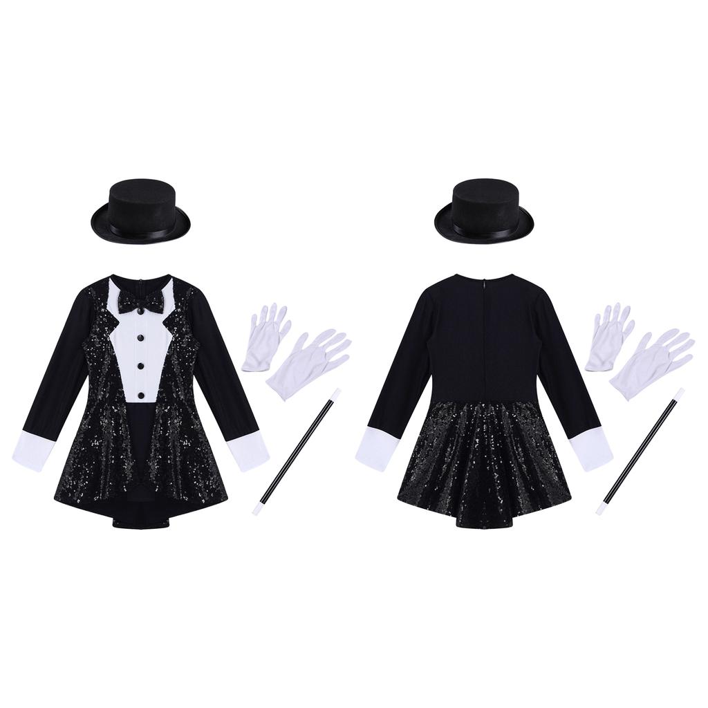 Girls Magician Costume Set Long Sleeve Bow Tie Back Zipper Sequin Leotard Hat Magic Wand Gloves