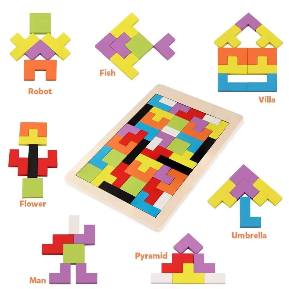 Holzbaustein Puzzle Spiel Tangram Puzzle Intelligent Bunt 3D Russische Bausteine Kinder Montessori Bildung