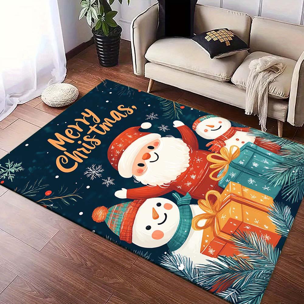 1pc Christmas Themed Rug, Santa Claus and Snowman Print, Bedside Carpet, Non slip Laundry Room Mat, Machine Washable Water Absorbing Entranc