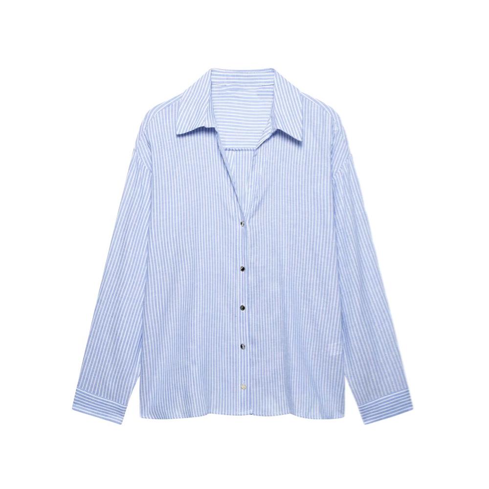 

2025 Spring/Summer Women s Striped Long-Sleeve Turn-Down Collar Shirt Large светло-синий