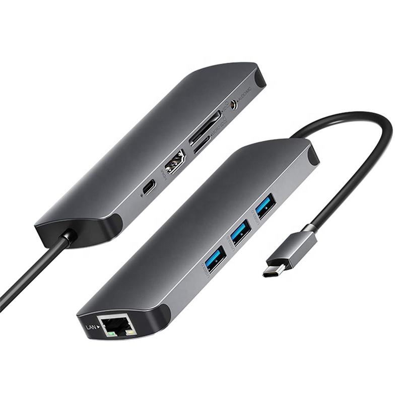 

9 in 1 USB C To 4K HDMI Hub with USB 3.0, USB C PD Charge, Audio, Gigabit Ethernet, SD TF Card Reader for MacBook Pro and More сірий колір