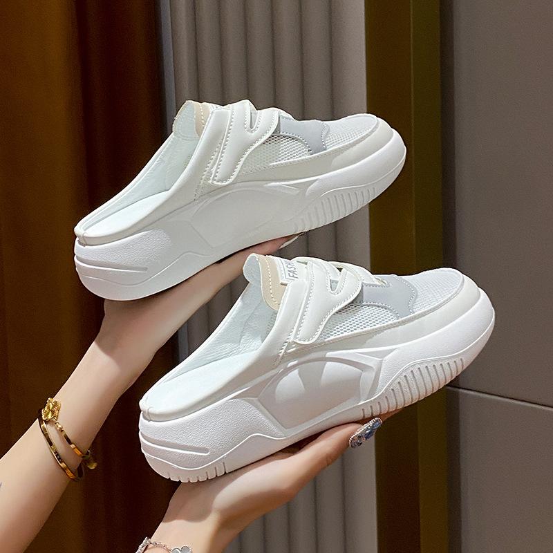 Fashion 2025 Women Baotou Mesh Casual Shoes Summer Lazy Slippers Fashion Breathable Soft-soled Round-toe White Sandals Zapatos De Mujer