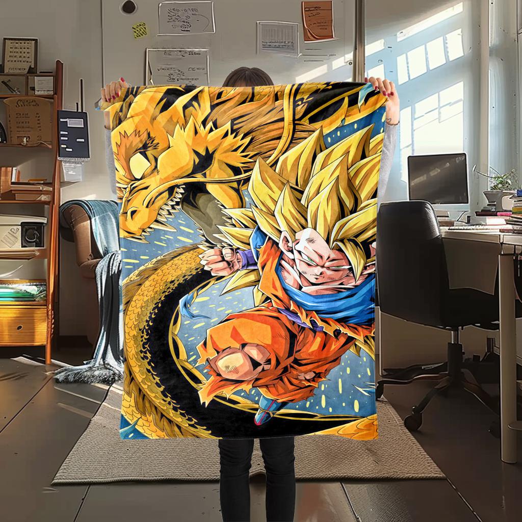 1 buc. Pătură din flanelă cu imprimeu Son Goku, Calitate înaltă, Pentru toate anotimpurile, Decor pentru casă, Căldură și confort, Perfectă pentru cadouri de Crăciun