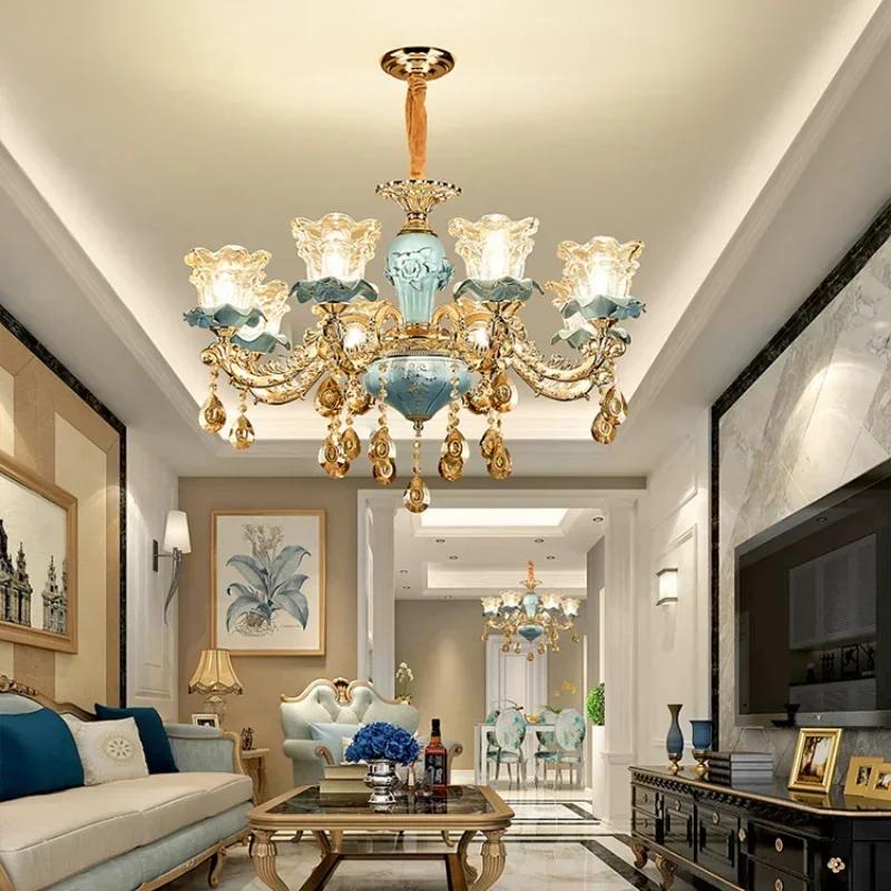 European Style Living Room Chandelier Home New Style Hall Simple Bedroom Restaurant Light Luxury Ceramic Crystal Lamp
