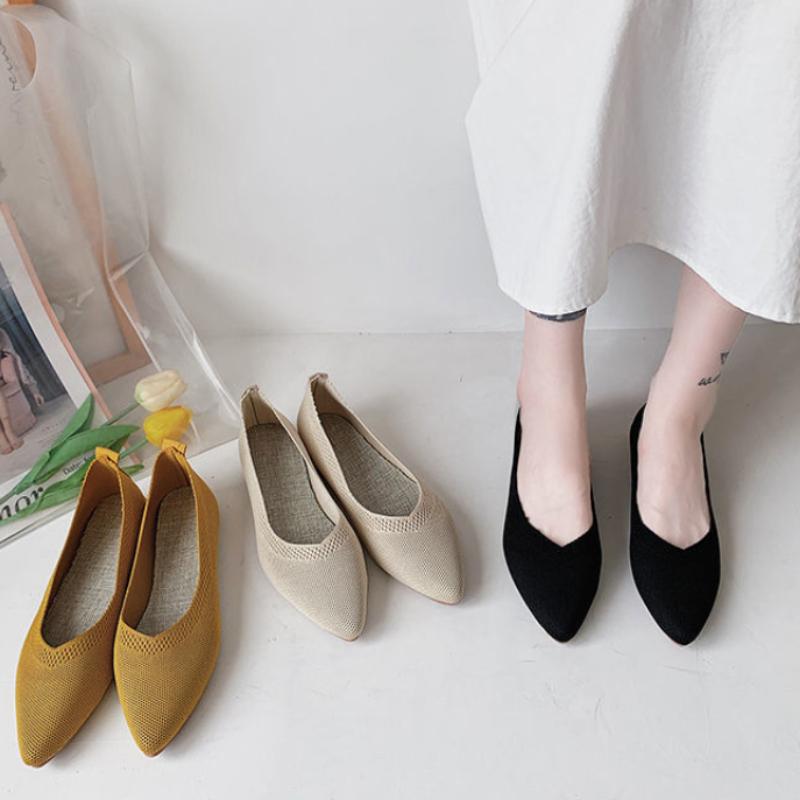 Жіноче взуття Весняно-літнє в'язане односпальне взуття з гострим низом, дихаюче взуття з квасолею, м'яке взуття з неглибоким ротом