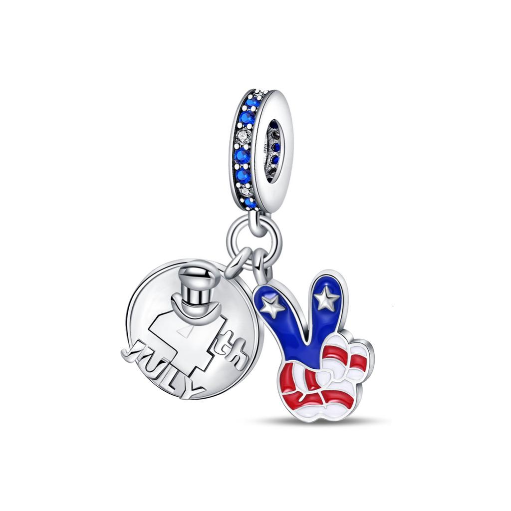 S925 Silver Plated Heart Shaped American Flag Western Cowboy Hat Charms Beads Fit Original Bracelet Fine DIY Birthday Jewelry