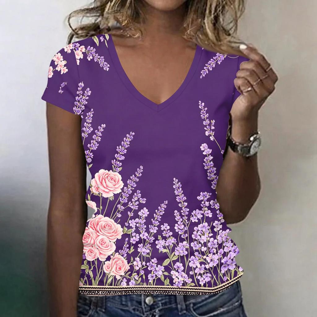 Women’s Casual V Neck Short Sleeve Floral Print T Shirt Relaxed Fit Lightweight Soft Fabric Top for Everyday Wear