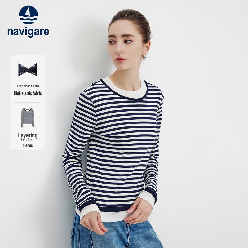 Navigare Women s Striped Long Sleeve Faux Two-Piece T-Shirt XL