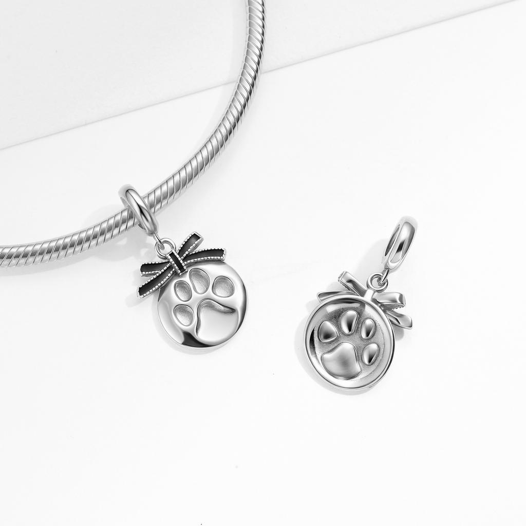 Cute Paw Print Pendant Charm Authentic 925 Sterling Silver Bowknot Beads for Women Charm Bracelet Necklace Jewelry Making Trendy