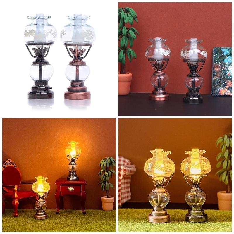 Kerosene Bedroom Table Lamp Miniature Furniture Model Doll Houses Accessory Realistic Lighting Toy Playset 1:12
